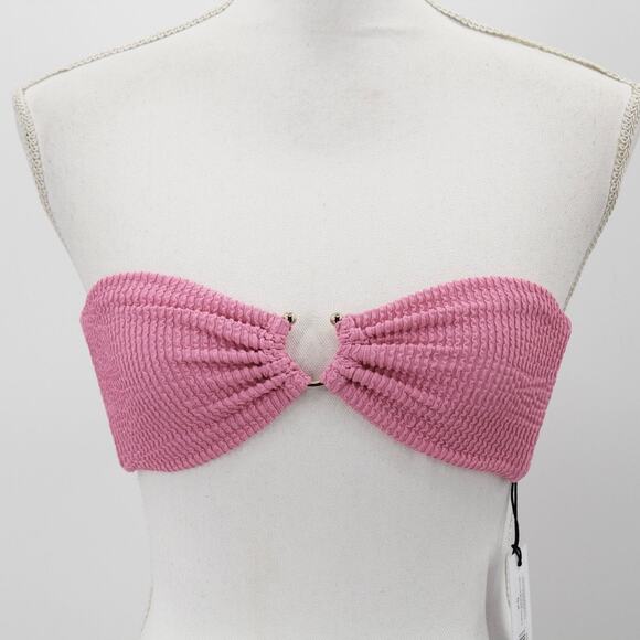 NWT WeWoreWhat U-Ring Bandeau Bikini Top Bubblegum Pink Sponge Seersucker Tie XS - Picture 1 of 6